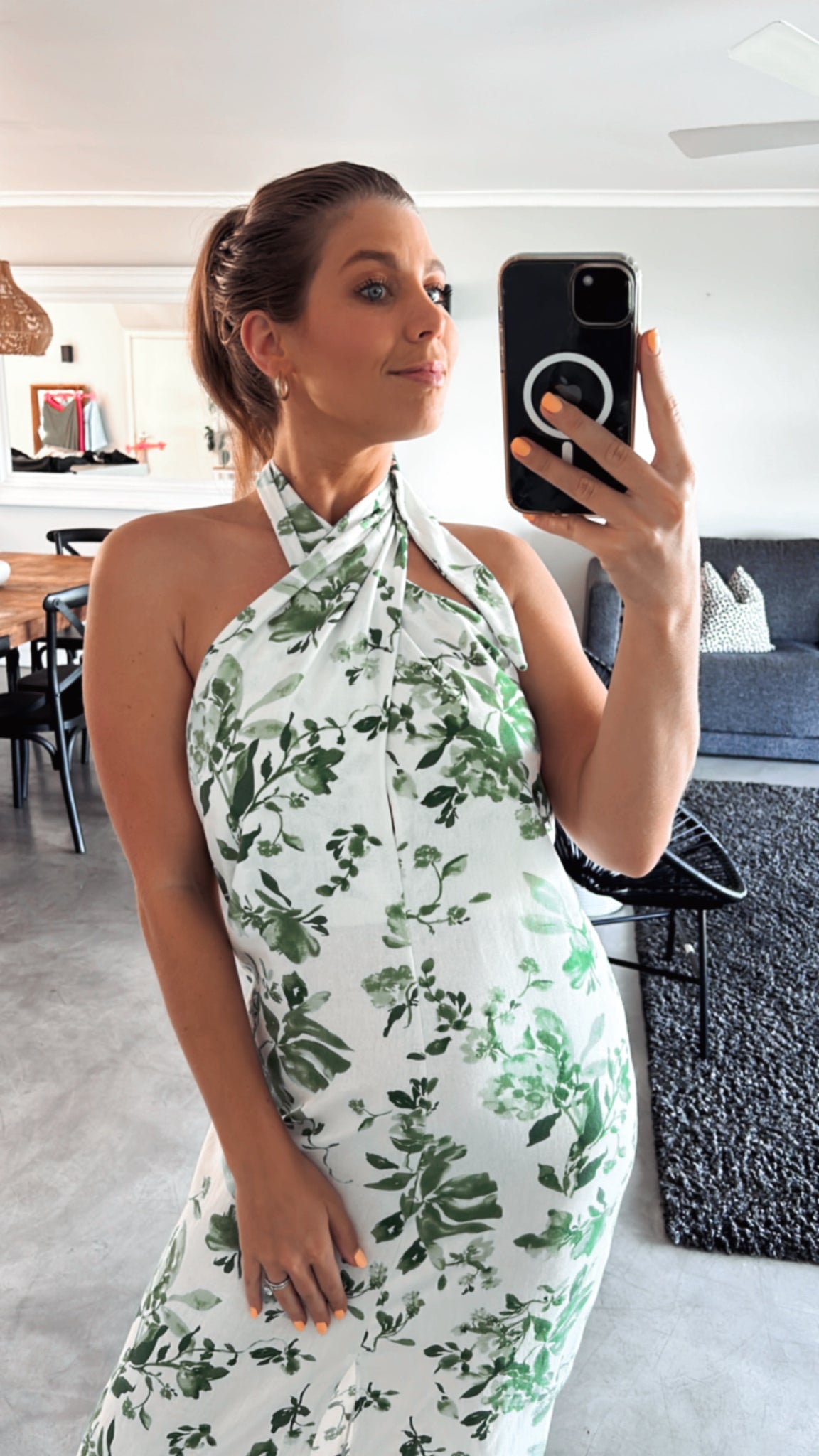 IVORY & GREEN PRINTED CROSS COLLAR DRESS