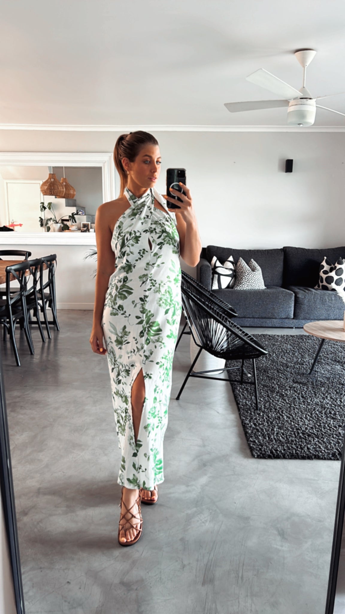 IVORY & GREEN PRINTED CROSS COLLAR DRESS