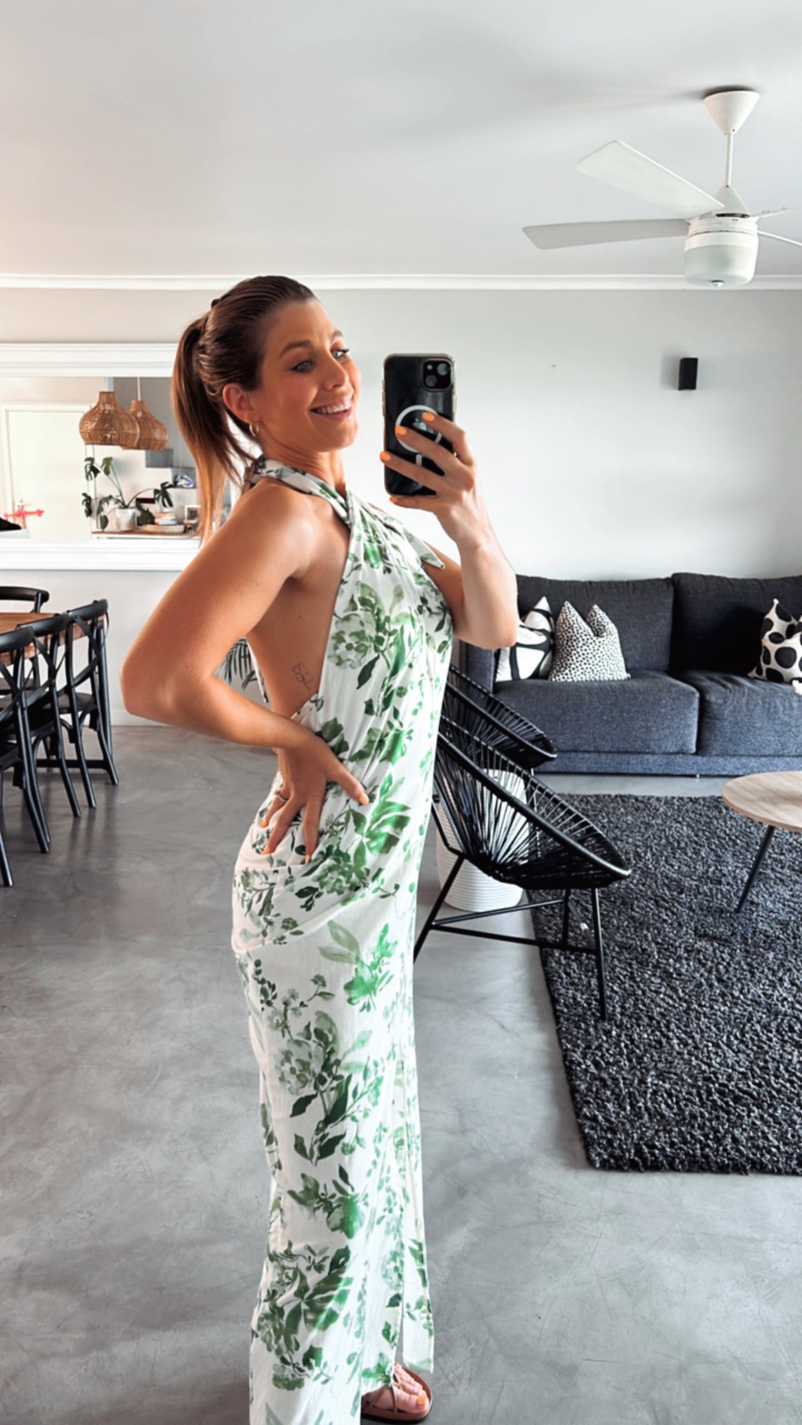 IVORY & GREEN PRINTED CROSS COLLAR DRESS