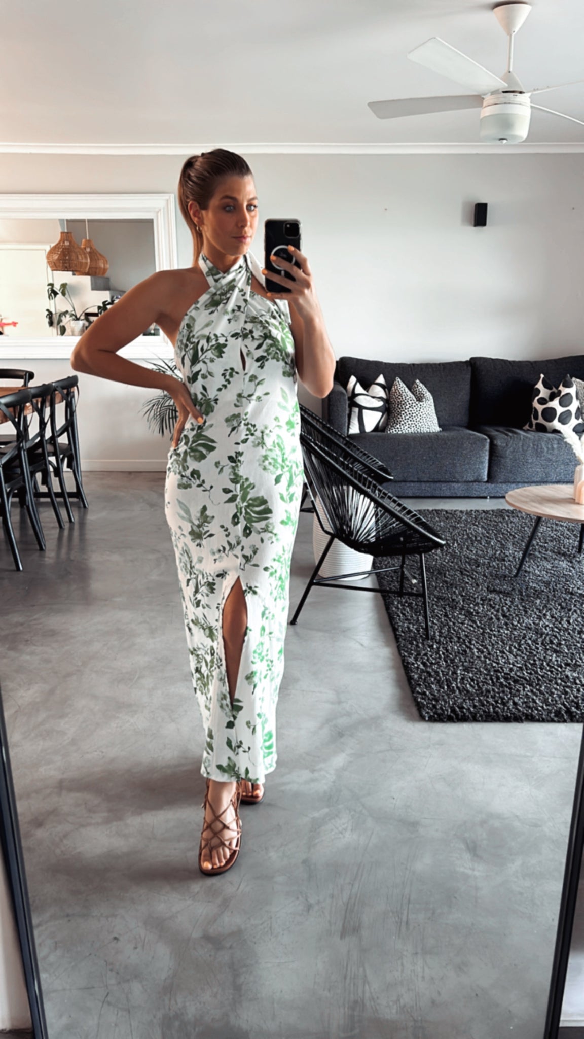 IVORY & GREEN PRINTED CROSS COLLAR DRESS