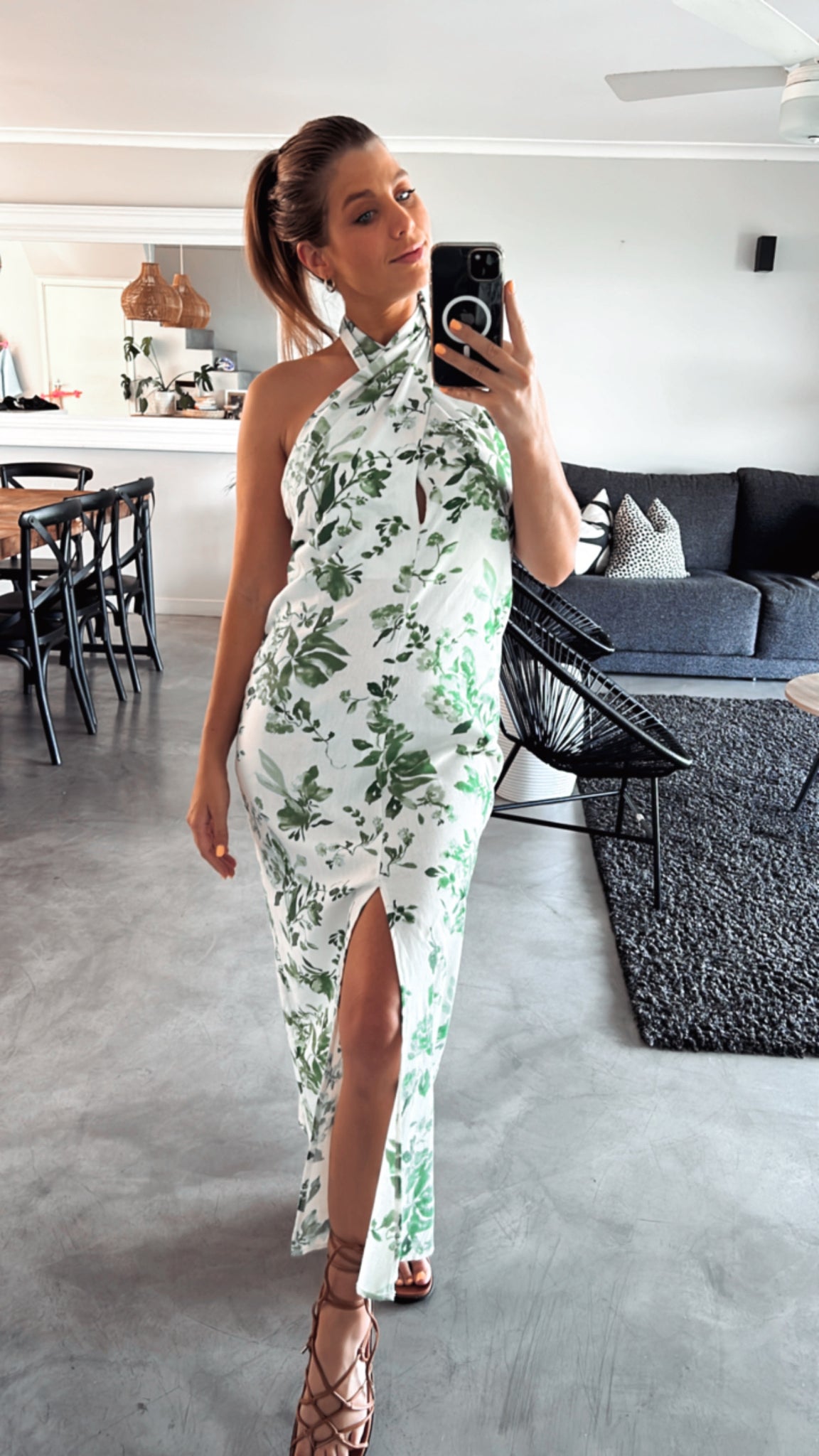 IVORY & GREEN PRINTED CROSS COLLAR DRESS
