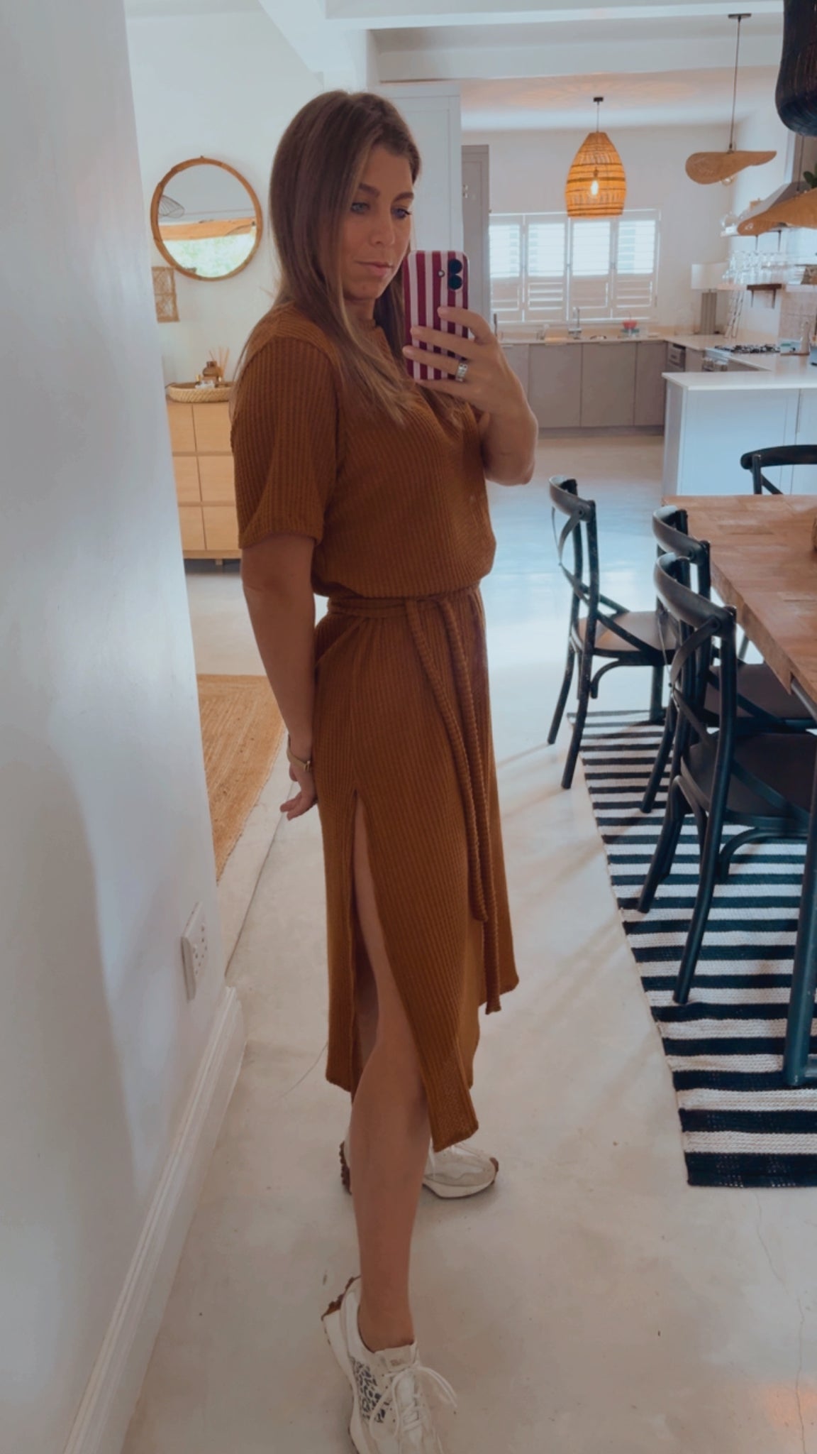 TOBACCO WAFFLE KNIT DRESS