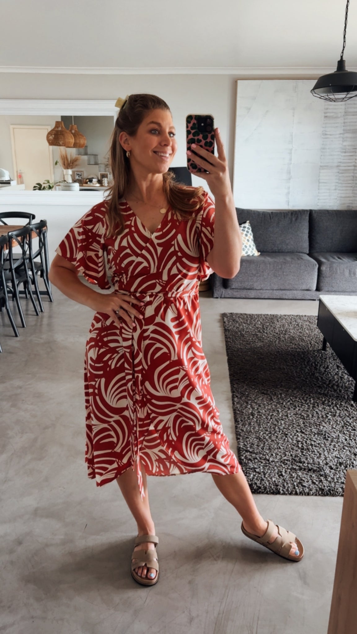 RUST PRINTED WRAP DRESS