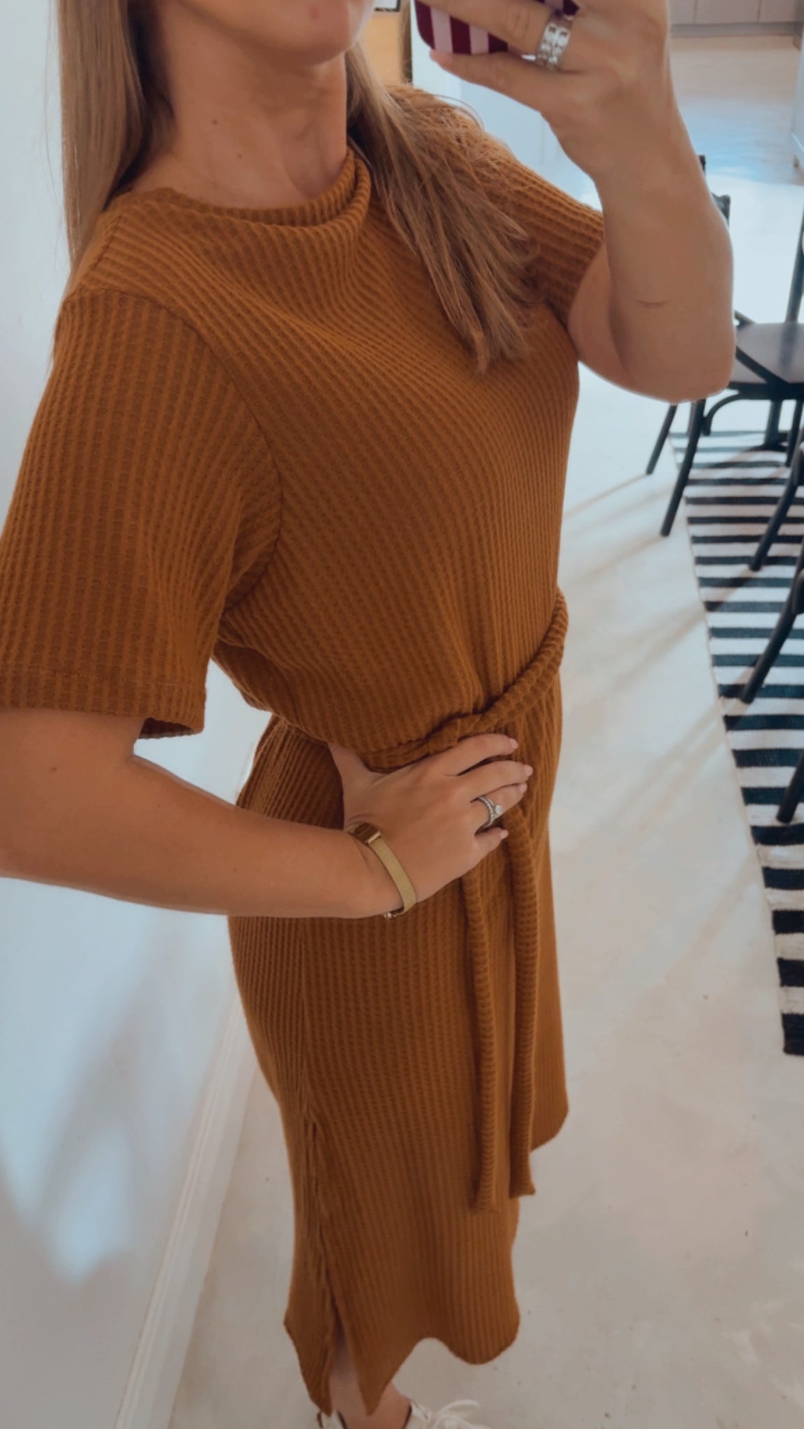 TOBACCO WAFFLE KNIT DRESS