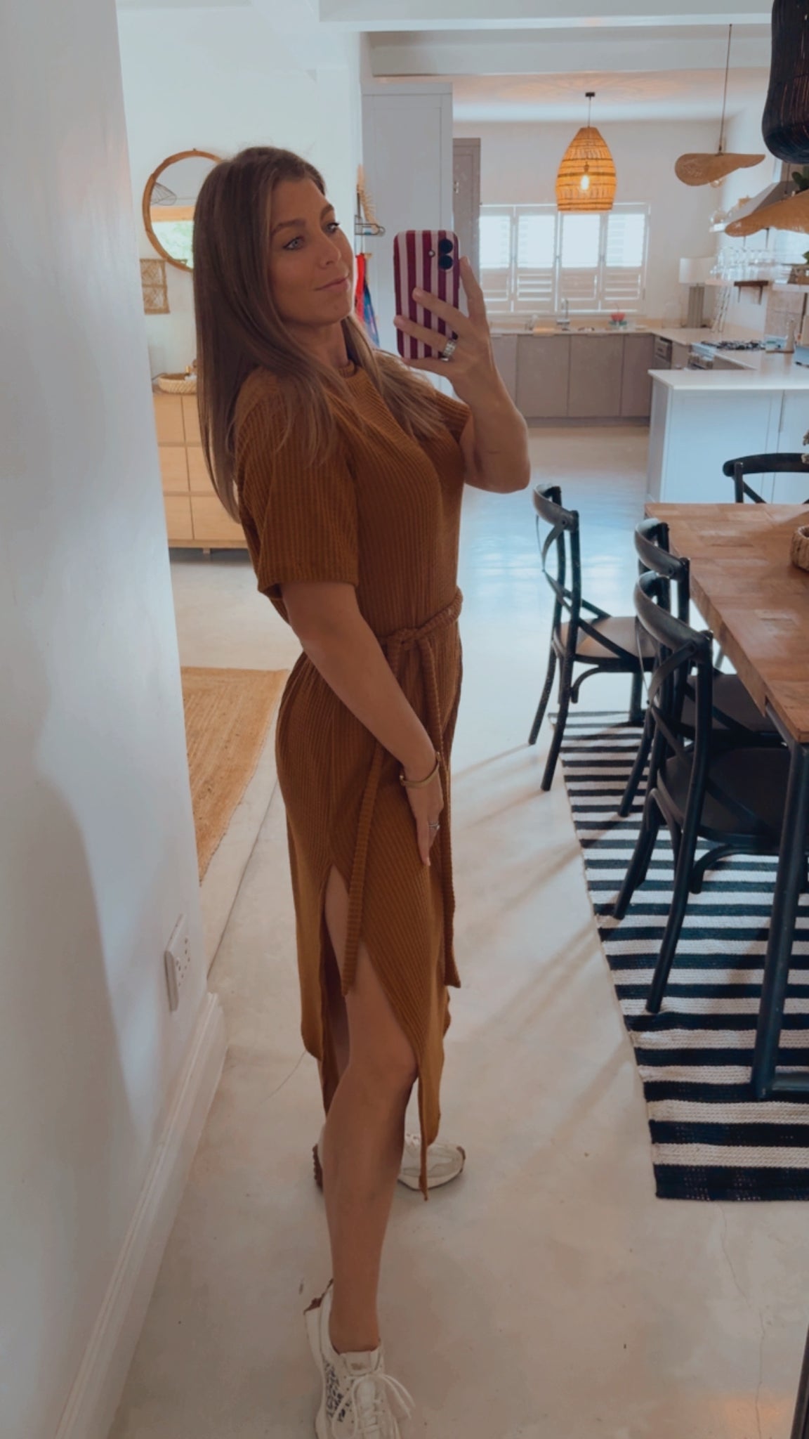 TOBACCO WAFFLE KNIT DRESS