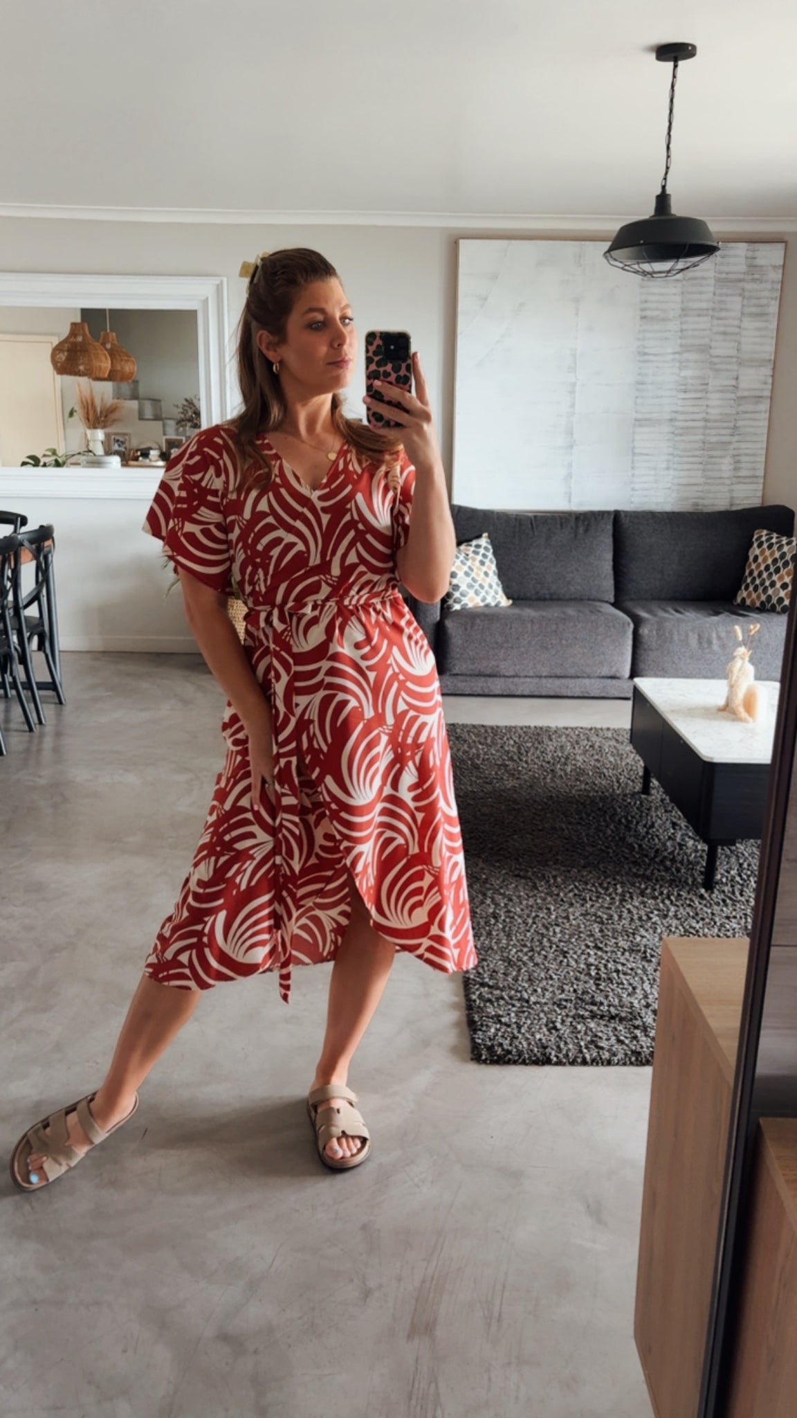RUST PRINTED WRAP DRESS