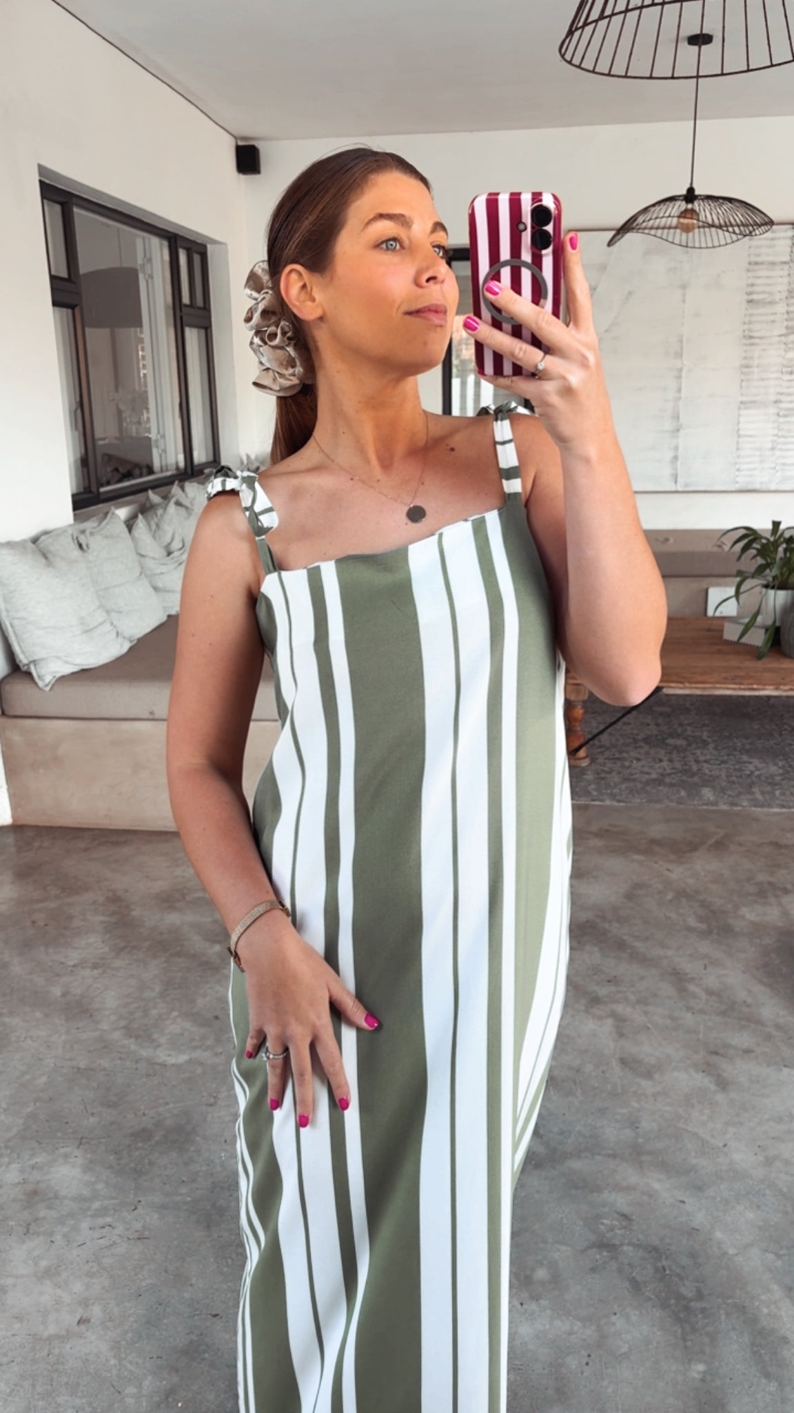 OLIVE STRIPE TIE DRESS