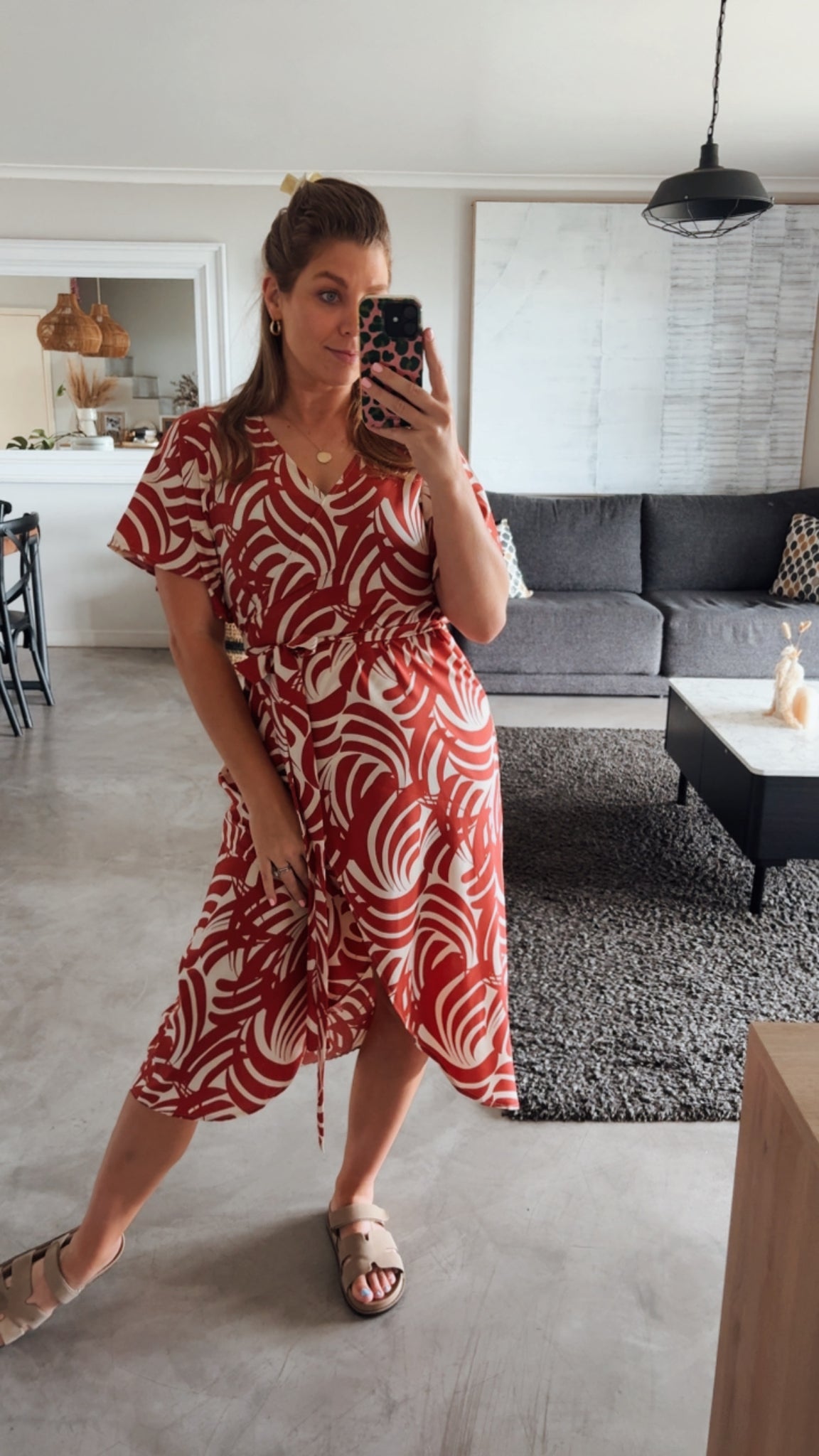 RUST PRINTED WRAP DRESS