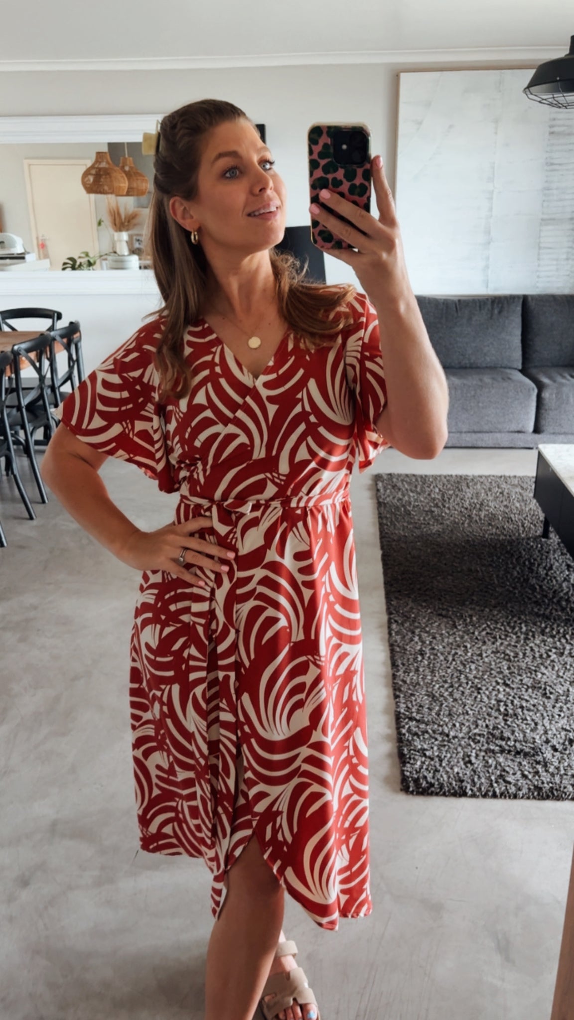 RUST PRINTED WRAP DRESS