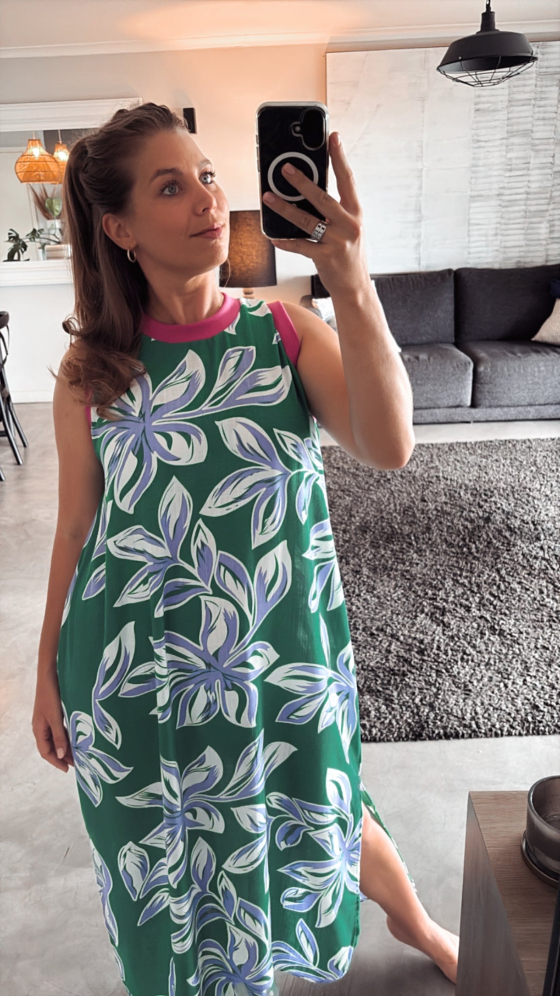 GREEN PRINT WITH PINK RIB KNIT