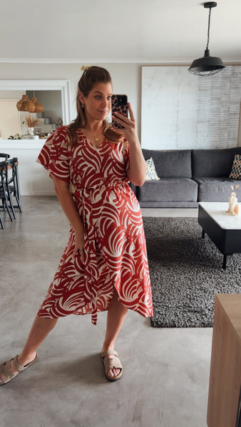 RUST PRINTED WRAP DRESS