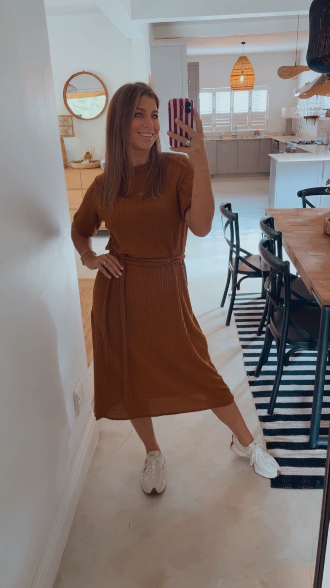 TOBACCO WAFFLE KNIT DRESS
