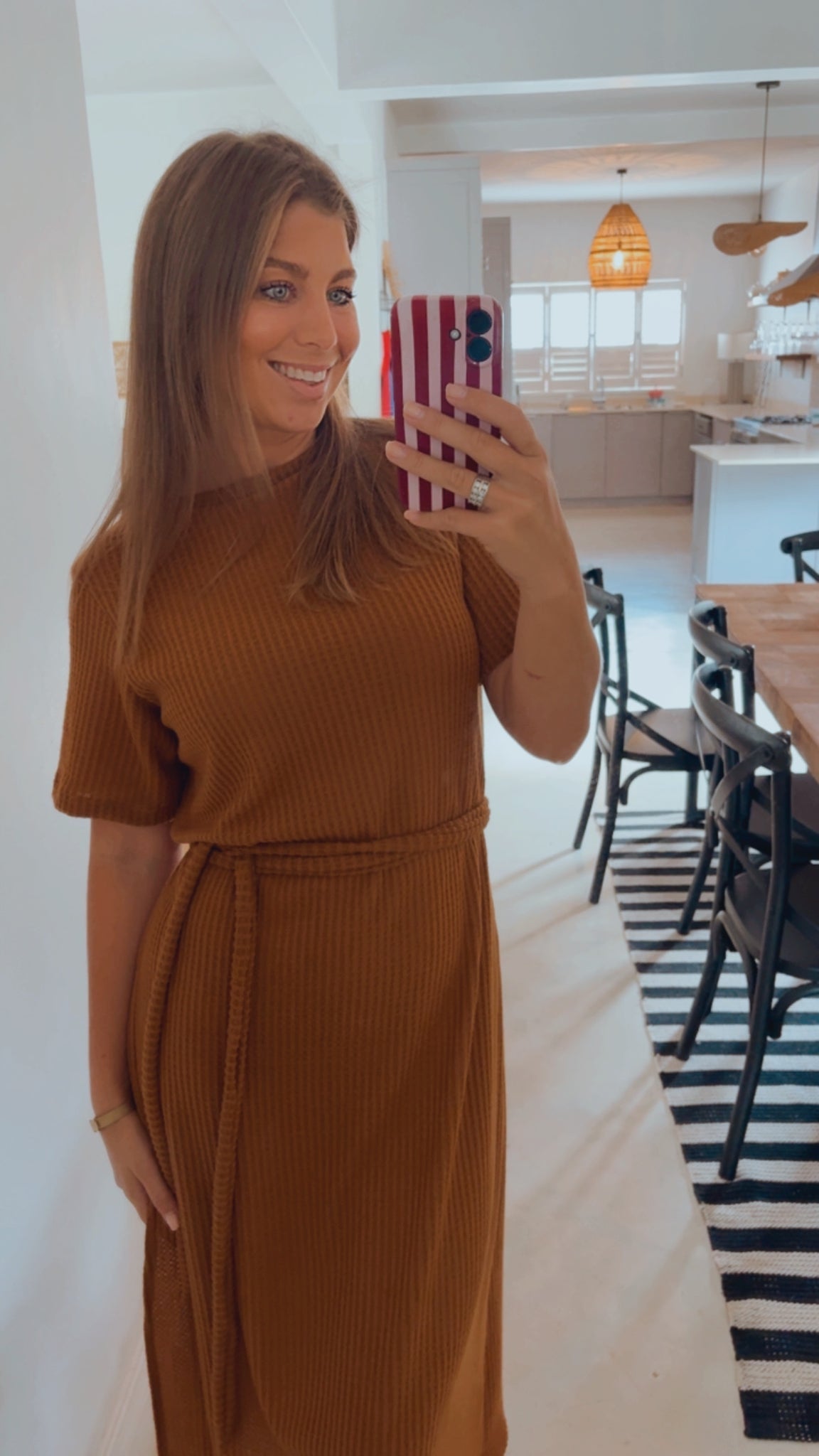 TOBACCO WAFFLE KNIT DRESS
