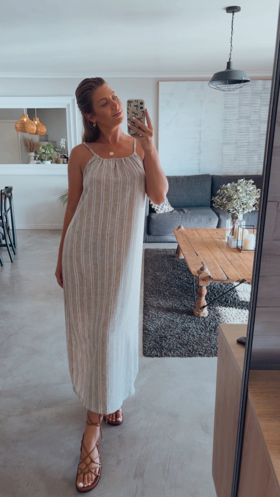 OATMEAL STRIPE LINEN DRESS
