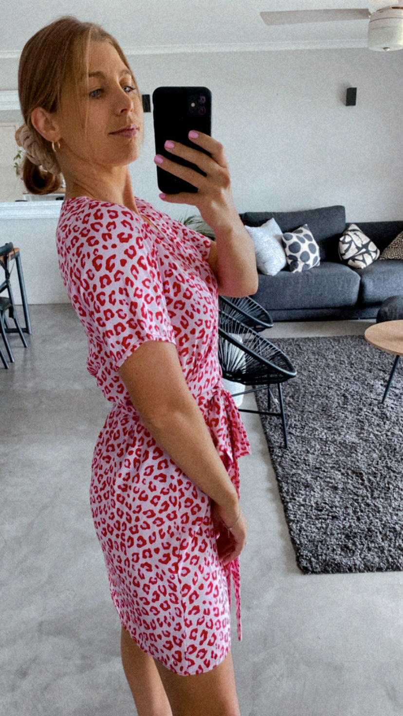 RED AND BLUSH LEOPARD WRAP DRESS