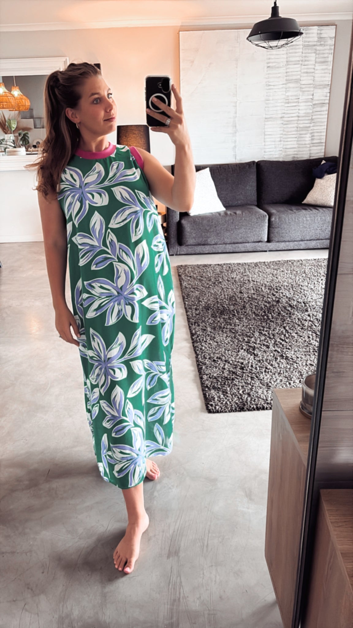 GREEN PRINT WITH PINK RIB KNIT