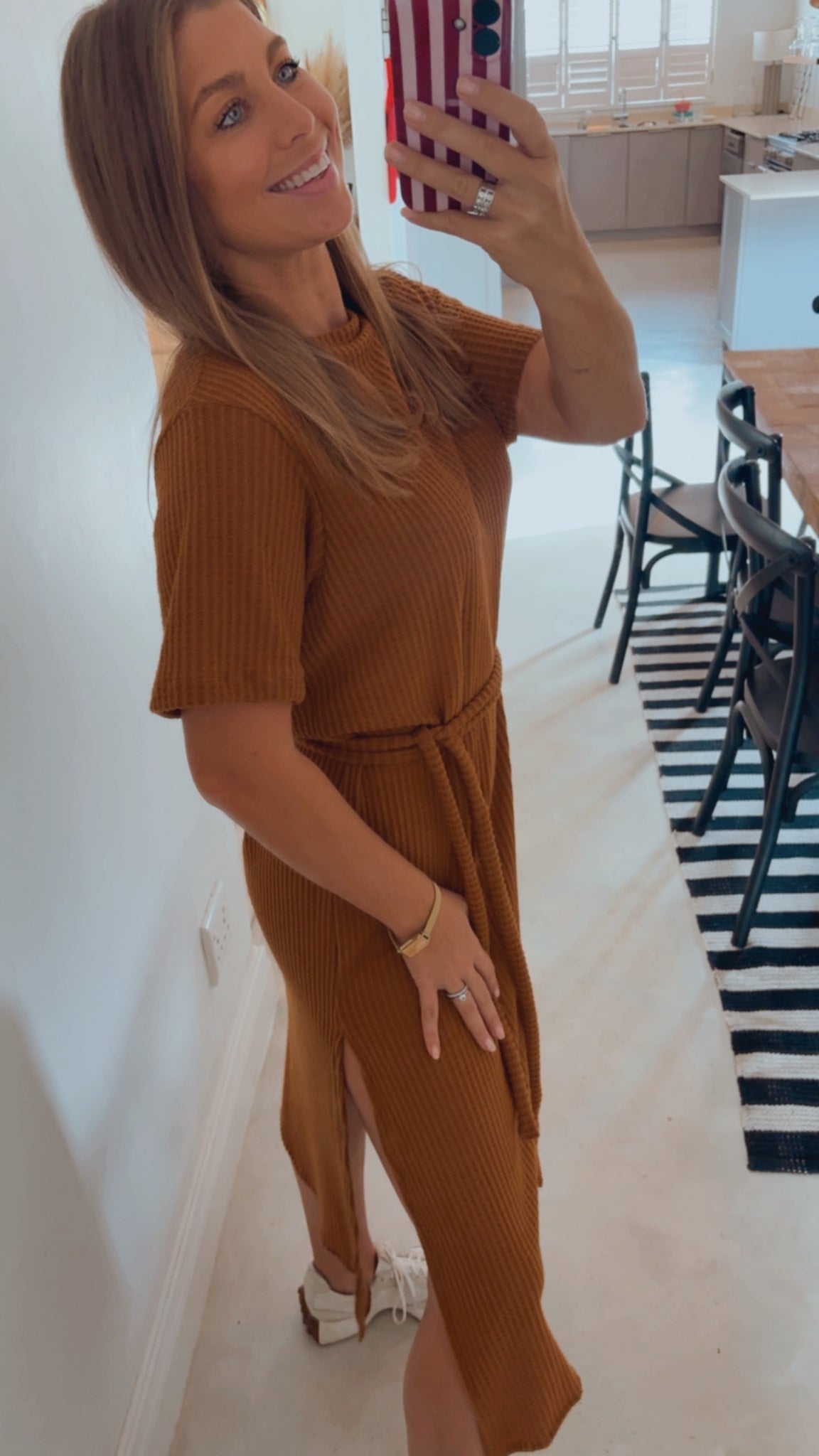 TOBACCO WAFFLE KNIT DRESS