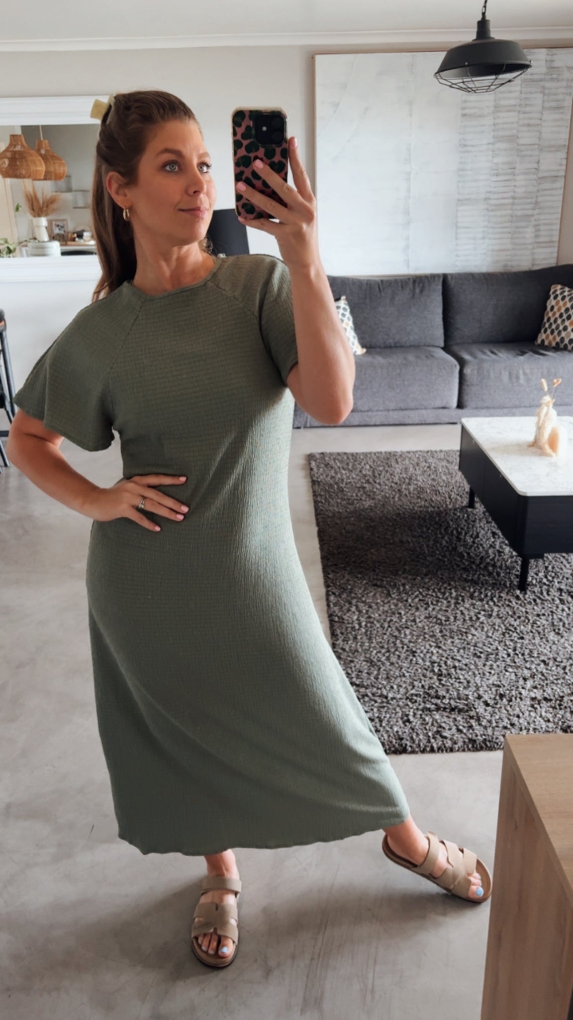 OLIVE STRETCH BUBBLE CREPE DRESS