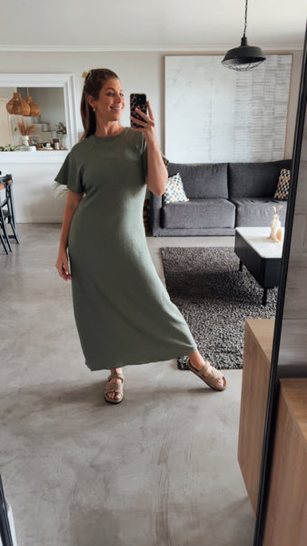 OLIVE STRETCH BUBBLE CREPE DRESS