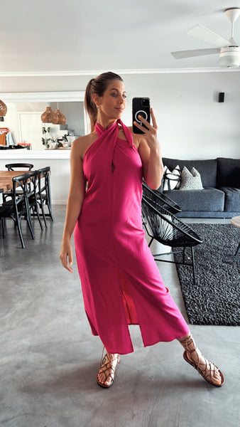 CERISE CROSS COLLAR DRESS