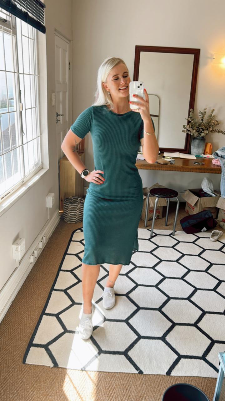 TEAL WAFFLE KNIT DRESS